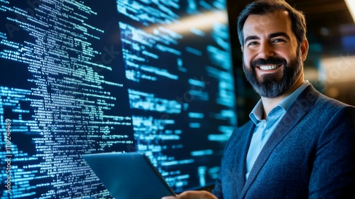 Smiling expert reflects assurance in a cutting-edge tech environment.