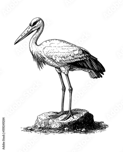 stork bird engraving black and white outline