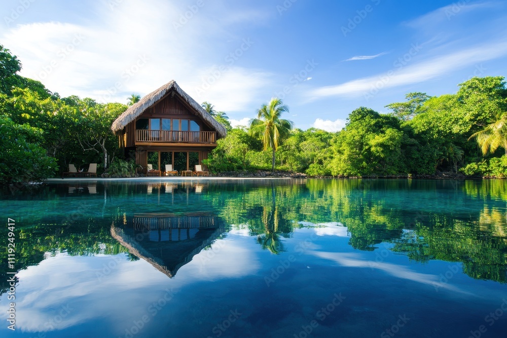 Tranquil tropical island hut getaway, nestled amidst lush greenery and crystal-clear waters for the ultimate escape. Tranquil tropical island hut getaway, nestled amidst lush greenery and crystal-clear waters for the ultimate escape.
