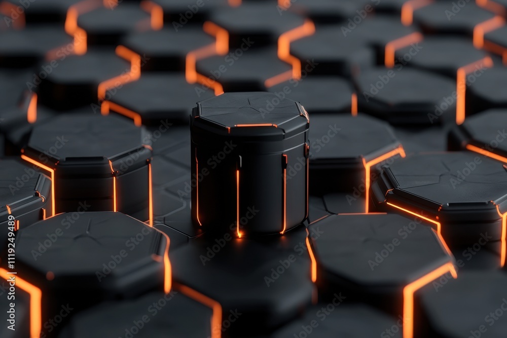 Fototapeta premium Conceptual grid of battery packs interconnected with glowing cables, showcasing energy flow and innovation.