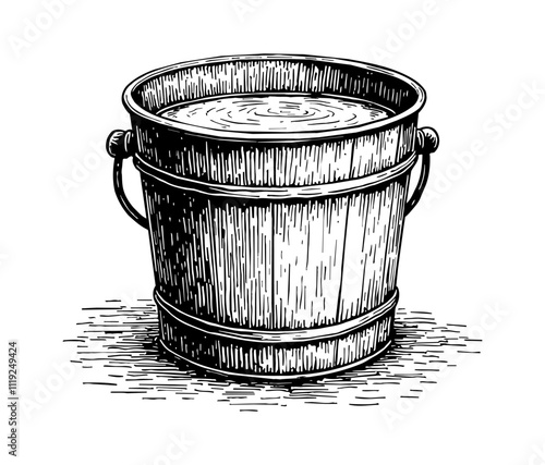 wooden bucket water engraving black and white outline