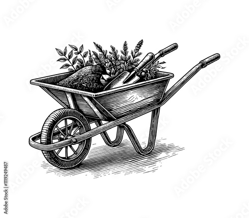 wheelbarrow engraving black and white outline