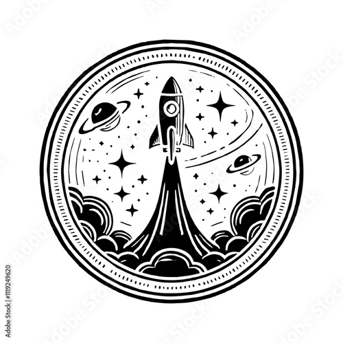 rocket launch engraving black and white outline
