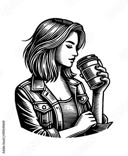 hipster woman drinking coffee engraving black and white outline