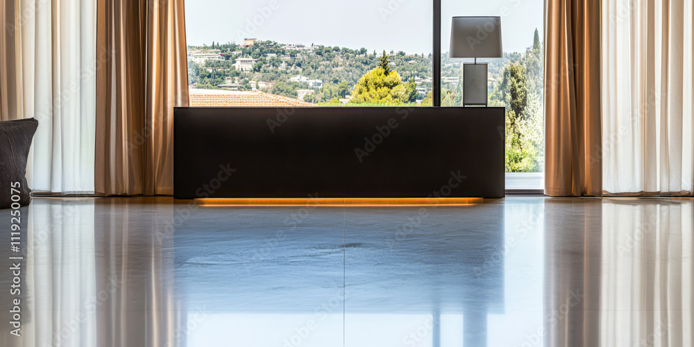 Fototapeta premium Modern interior design featuring sleek furniture and a panoramic view of nature