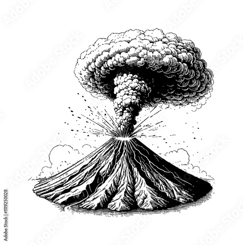 erupting volcano engraving black and white outline