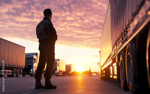 Wallpaper Mural customs officer stands at border checkpoint during stunning sunset, overseeing trucks Torontodigital.ca