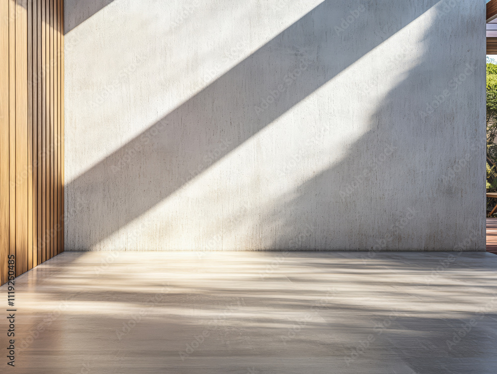 Sunlight illuminating an empty modern interior with wooden accents and concrete walls Sunlight illuminating an empty modern interior with wooden accents and concrete walls