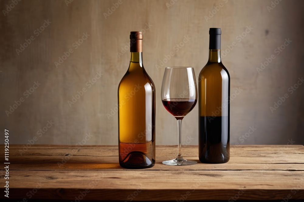 bottles of wine and a glass on a wooden table bottles of wine and a glass on a wooden table