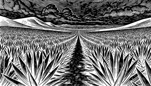 wide agave field, showing neat rows of spiky agave plants receding into the distance engraving black and white outline