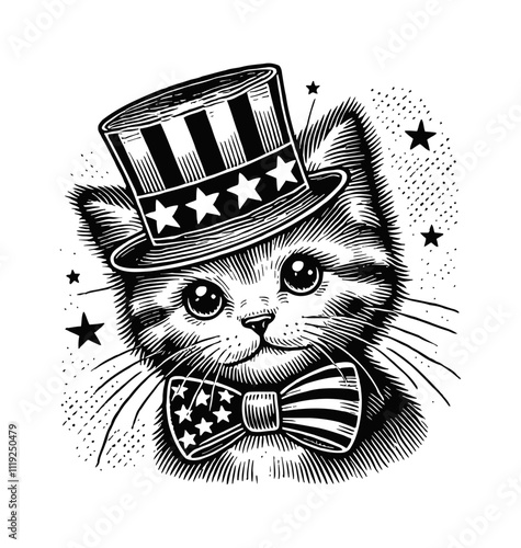 cat top hat american flag engraving black and white outline