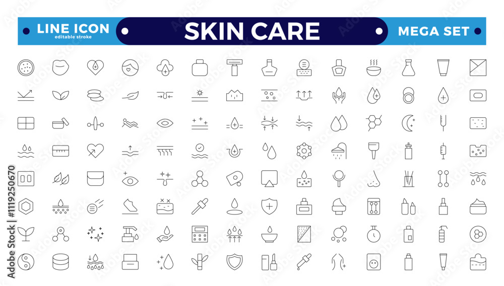 Skin care Outline icons set. Moisture cream, acid, anti wrinkle serum, ceramide, collagen, retinol compound, sunscreen, such as aloevera, oil, nature, sun protect, dry. Editable stroke outline icon. Skin care Outline icons set. Moisture cream, acid, anti wrinkle serum, ceramide, collagen, retinol compound, sunscreen, such as aloevera, oil, nature, sun protect, dry. Editable stroke outline icon.