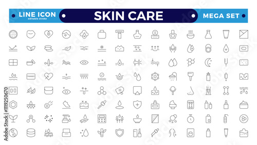 Skin care Outline icons set. Moisture cream, acid, anti wrinkle serum, ceramide, collagen, retinol compound, sunscreen, such as aloevera, oil, nature, sun protect, dry. Editable stroke outline icon.