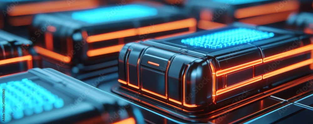 Futuristic battery packs glowing with vibrant energy, showcasing advanced technology and innovative design. Futuristic battery packs glowing with vibrant energy, showcasing advanced technology and innovative design.