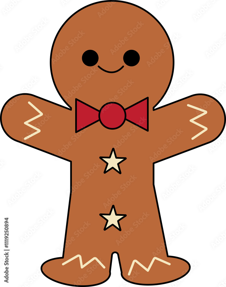 Fototapeta premium Charming gingerbread man illustration with a red bowtie and star buttons, perfect for festive and holiday-themed designs.