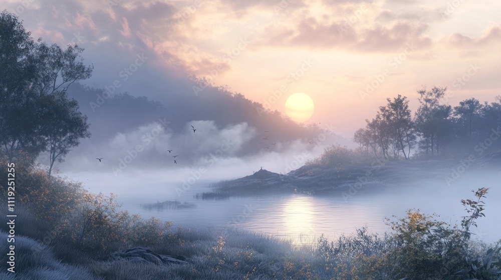 Misty Morning on a Serene Lake Misty Morning on a Serene Lake