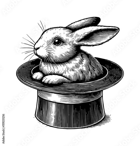 rabbit inside top hat for magic engraving black and white outline