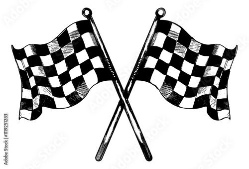 crossed chequered flag engraving black and white outline