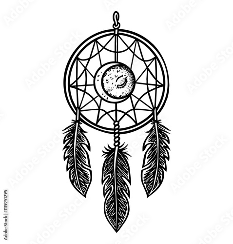 dream catcher engraving black and white outline