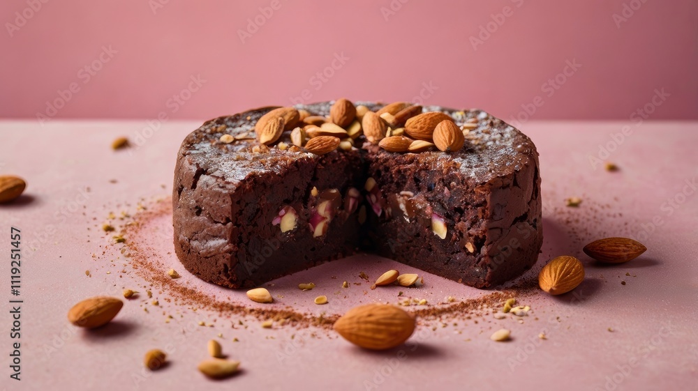 Chocolate brownie dessert with almonds inside, festive powder, on a pink background. View from above Chocolate brownie dessert with almonds inside, festive powder, on a pink background. View from above