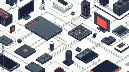 A vibrant data flow, representing seamless communication between devices, in a sleek digital workspace, minimalist, graphic illustration --chaos 20 --ar 16:9 --quality 2 --style 