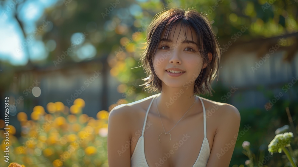 A cheerful Asian woman and a bright smile is standing outdoors, bathed in natural sunlight. The soft green bokeh nature background adds warmth and a serene atmosphere to the image. A cheerful Asian woman and a bright smile is standing outdoors, bathed in natural sunlight. The soft green bokeh nature background adds warmth and a serene atmosphere to the image.