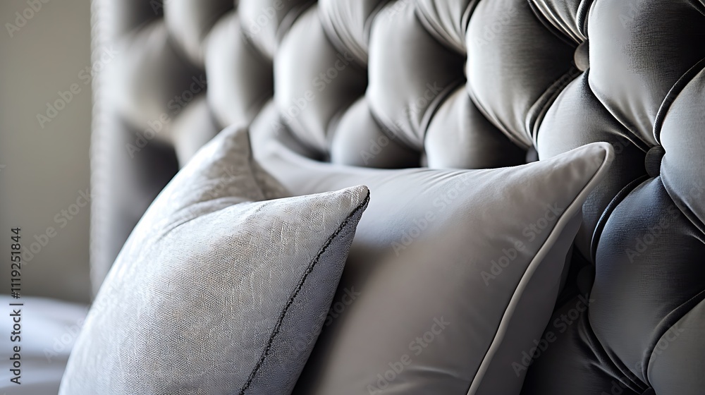 Obraz premium A bed with a grey pillow and a grey headboard