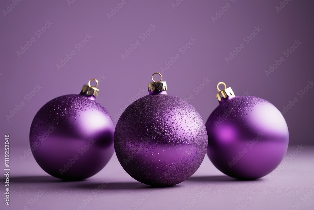 three purple christmas balls are lined up on a table three purple christmas balls are lined up on a table