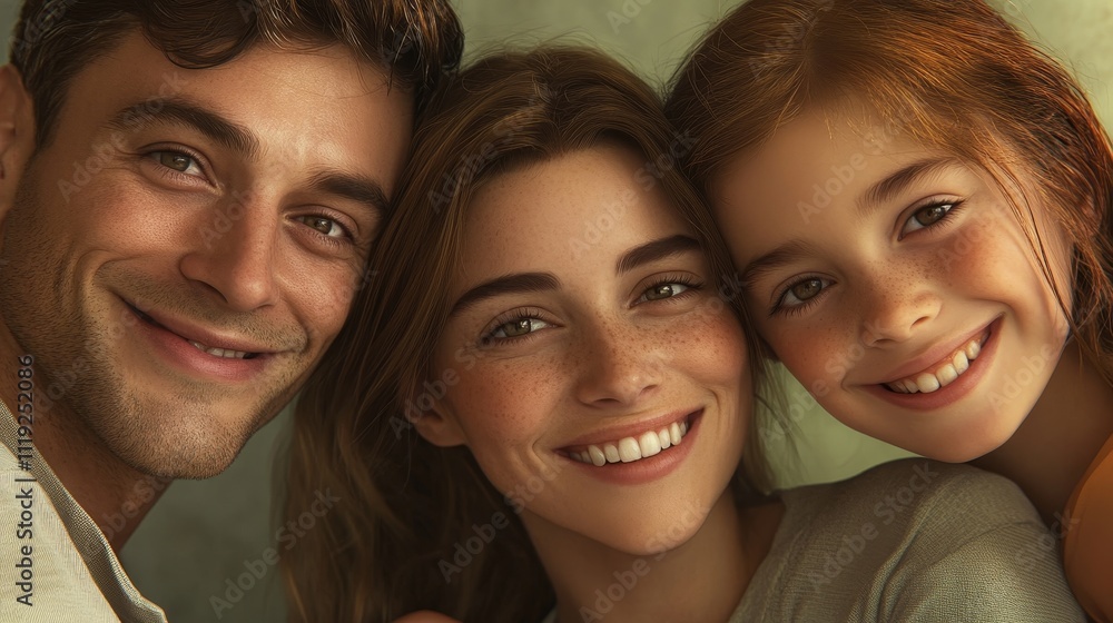 Close-up portrait of a joyful father, mother, and daughter smiling warmly, capturing a moment of family happiness and connection. Close-up portrait of a joyful father, mother, and daughter smiling warmly, capturing a moment of family happiness and connection.