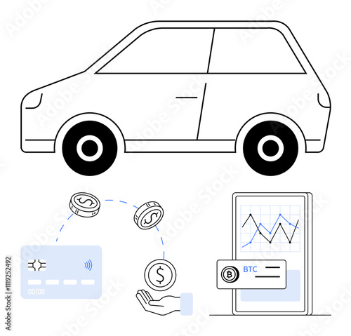 Car, hand holding coins, credit card, and smartphone displaying a cryptocurrency chart. Ideal for finance, tech, digital transactions, e-commerce, mobile banking automotive industry and investment