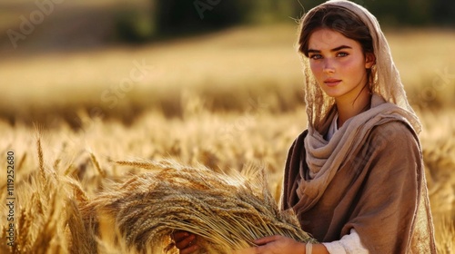 Ruth is depicted as she gleans in the field of Boaz, a significant moment in the Bible. photo