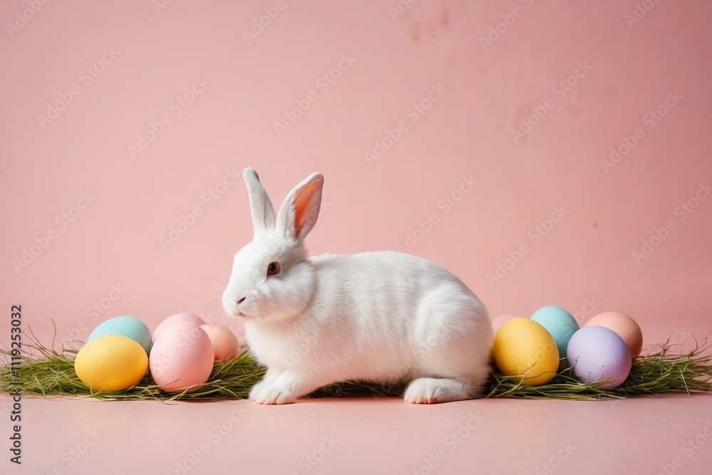 there is a white rabbit sitting next to a pile of eggs there is a white rabbit sitting next to a pile of eggs