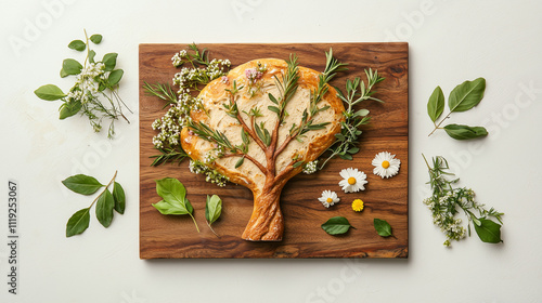 Artisan Bread Tree: A charming overhead shot of an intricately designed bread shaped like a tree, adorned with fresh herbs and flowers on a rustic wooden board. photo