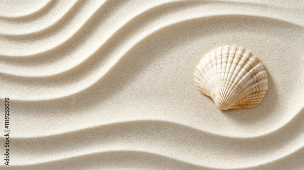 A seashell resting on gently rippled sand, evoking a tranquil beach scene. A seashell resting on gently rippled sand, evoking a tranquil beach scene.