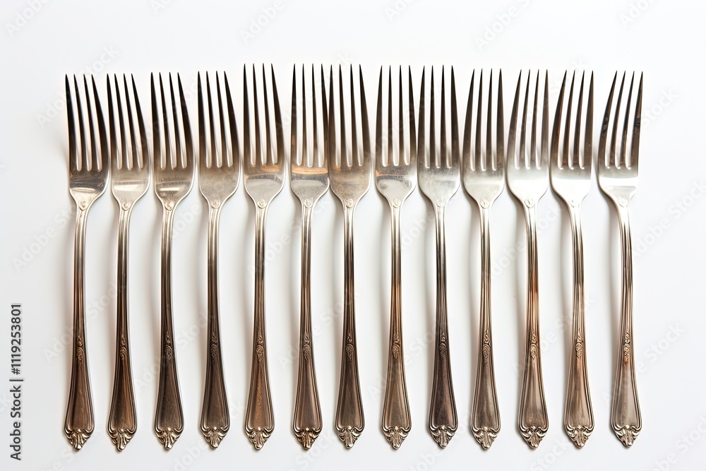 Lot of Shiny Metal Forks on White Background - Set of Old Cutlery Tableware Flatware Lot of Shiny Metal Forks on White Background - Set of Old Cutlery Tableware Flatware