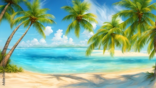 A serene tropical beach scene with palm trees and clear blue waters.