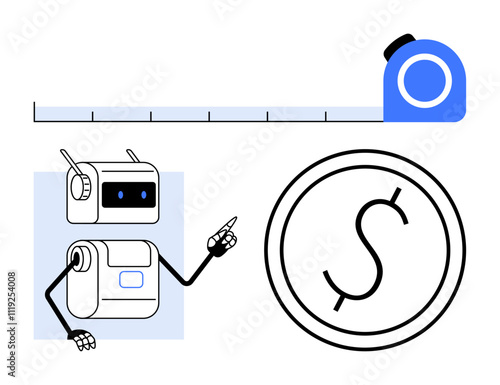 Robot pointing at tape measure and dollar sign. Ideal for technology, measurement, cost, automation, efficiency, finance, economy. Line metaphor