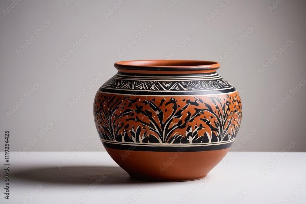 there is a vase with a design on it sitting on a table there is a vase with a design on it sitting on a table