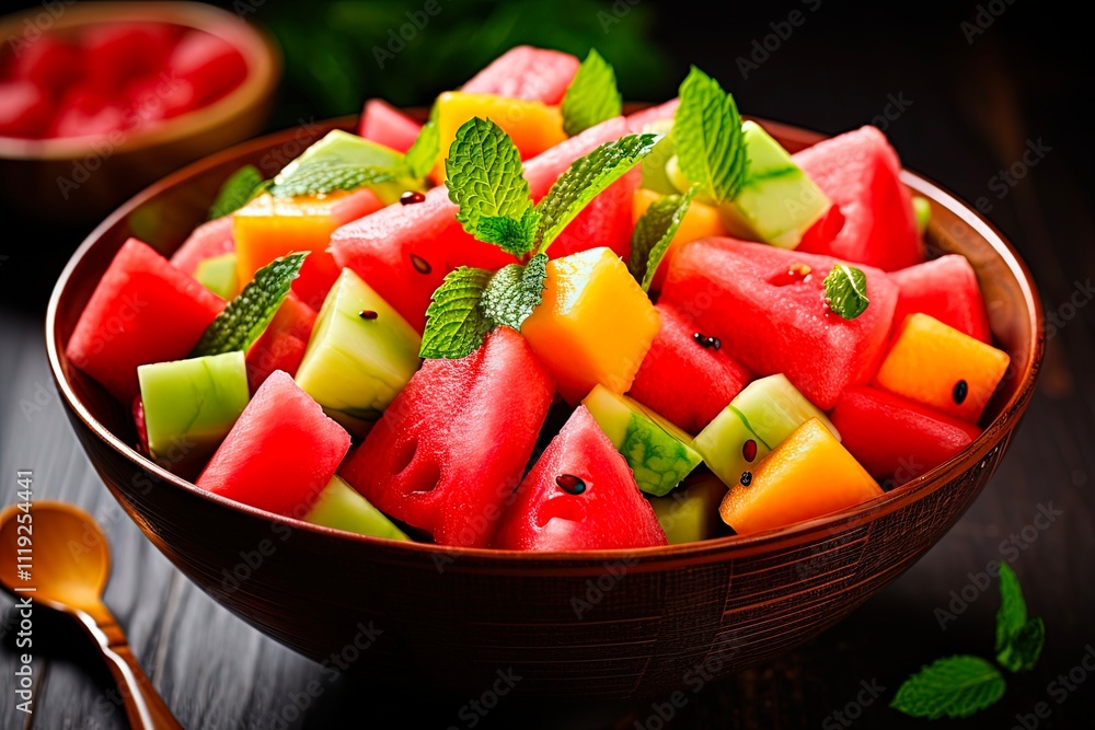 Refreshing Melon Salad in a Colourful Fruit Mix, Served in a Bowl - Fresh Cantaloupe and Watermelon included Refreshing Melon Salad in a Colourful Fruit Mix, Served in a Bowl - Fresh Cantaloupe and Watermelon included