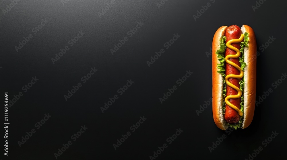 A delicious hot dog with mustard and toppings on a dark background. A delicious hot dog with mustard and toppings on a dark background.