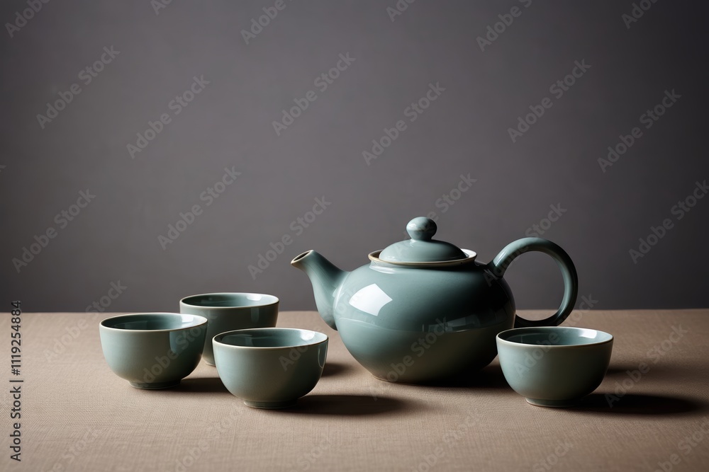 there are four cups and a teapot on a table there are four cups and a teapot on a table