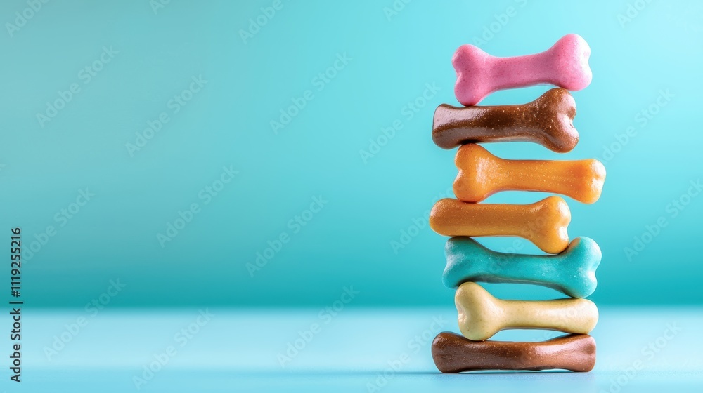 A colorful stack of dog-shaped treats, showcasing an appealing design against a bright blue background, perfect for pets. A colorful stack of dog-shaped treats, showcasing an appealing design against a bright blue background, perfect for pets.