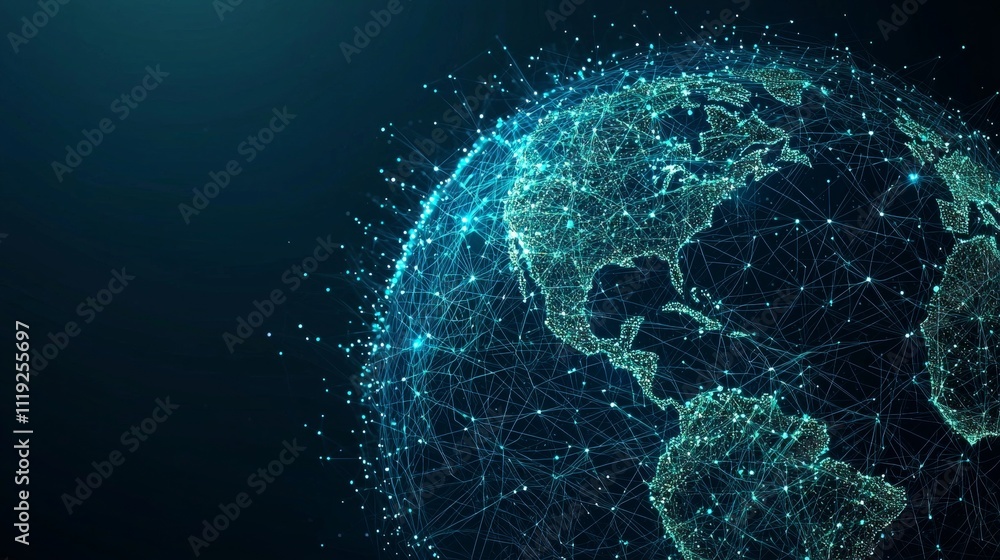 Obraz premium Abstract tech globe connected by minimalist data lines in a modern business room, flat design, graphic illustration --chaos 20 --ar 16:9 -