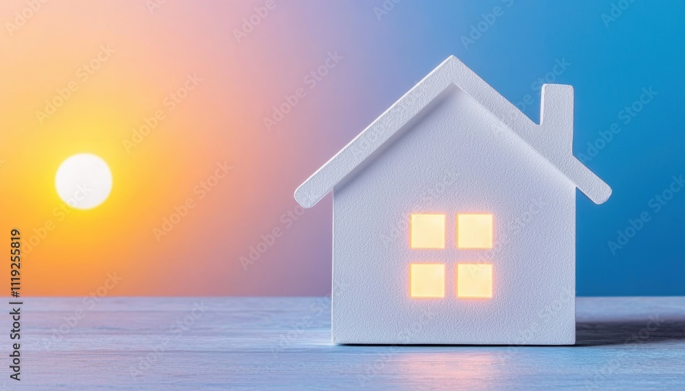 A serene, lit model house against a colorful sunset, symbolizing warmth and comfort in a tranquil environment. A serene, lit model house against a colorful sunset, symbolizing warmth and comfort in a tranquil environment.