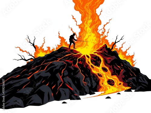 there is a man standing on a mountain of lava with a sword. photo