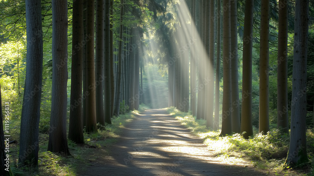 Naklejka premium Sunbeams Dancing Through the Forest