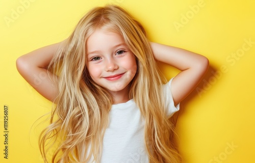 A cheerful girl with blonde hair and blue eyes smiles against a vivid yellow background, her matching shirt enhancing the lively feel.