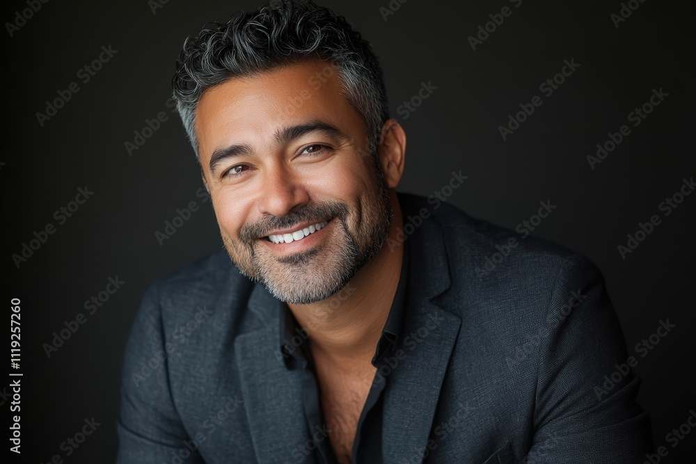 Fototapeta premium a Caucasian man, aged 30s to 50s, in minimal professional clothing, standing confidently with a relaxed, welcoming expression against a gray backdrop.