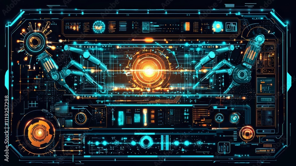 Automation and robotics as mechanical arms working on a digital interface, high-tech factory setting, minimalist illustration graphic -vv Automation and robotics as mechanical arms working on a digital interface, high-tech factory setting, minimalist illustration graphic -vv
