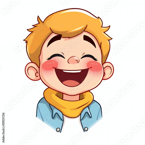 cartoon boy with a scarf on his neck laughing.